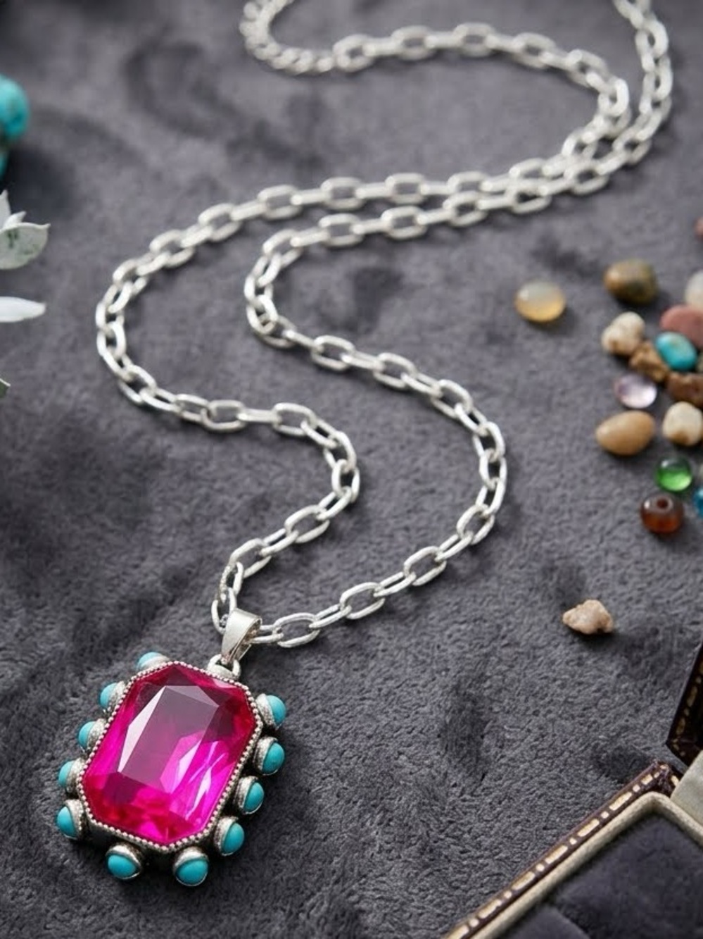 Boho Glam Hot Pink Bling Turquoise Statement Necklace Coquette Western Cowgirl